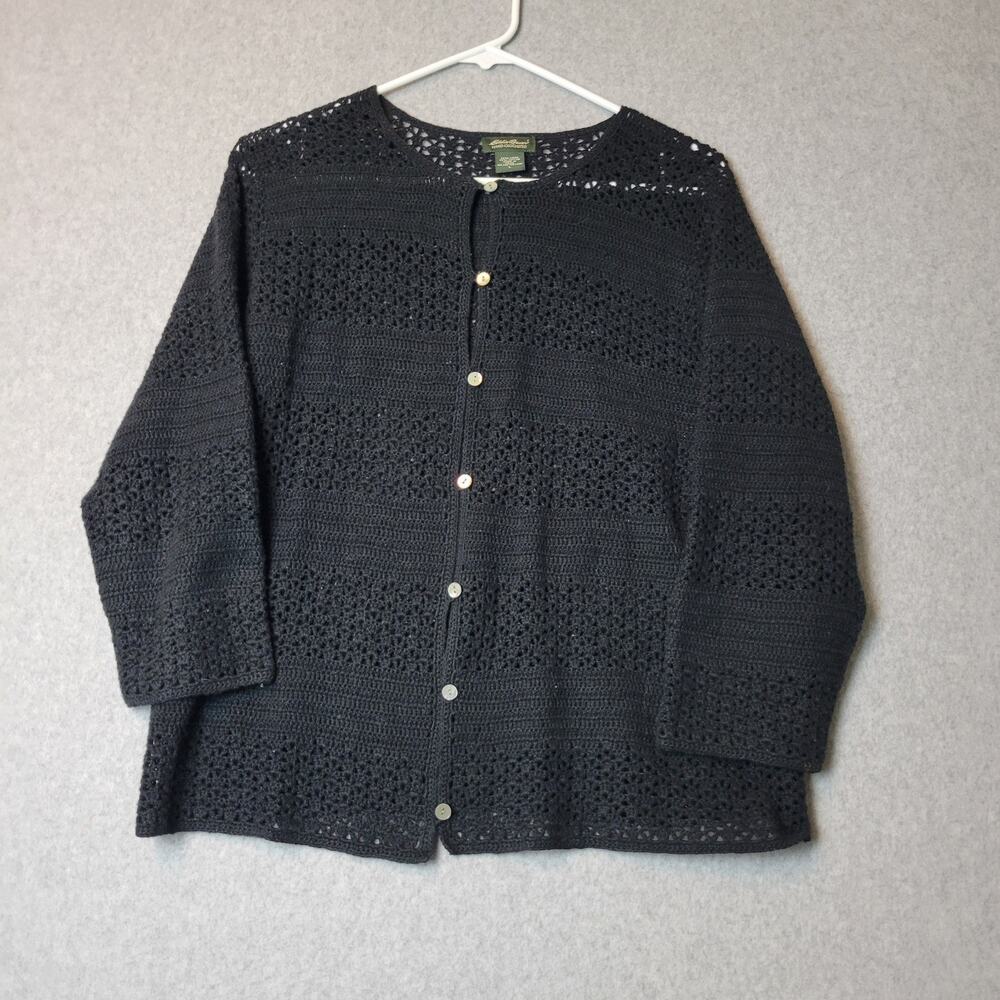 Eddie Bauer Linen Blend Black LS Button Up Crochet Cardigan Women's Large